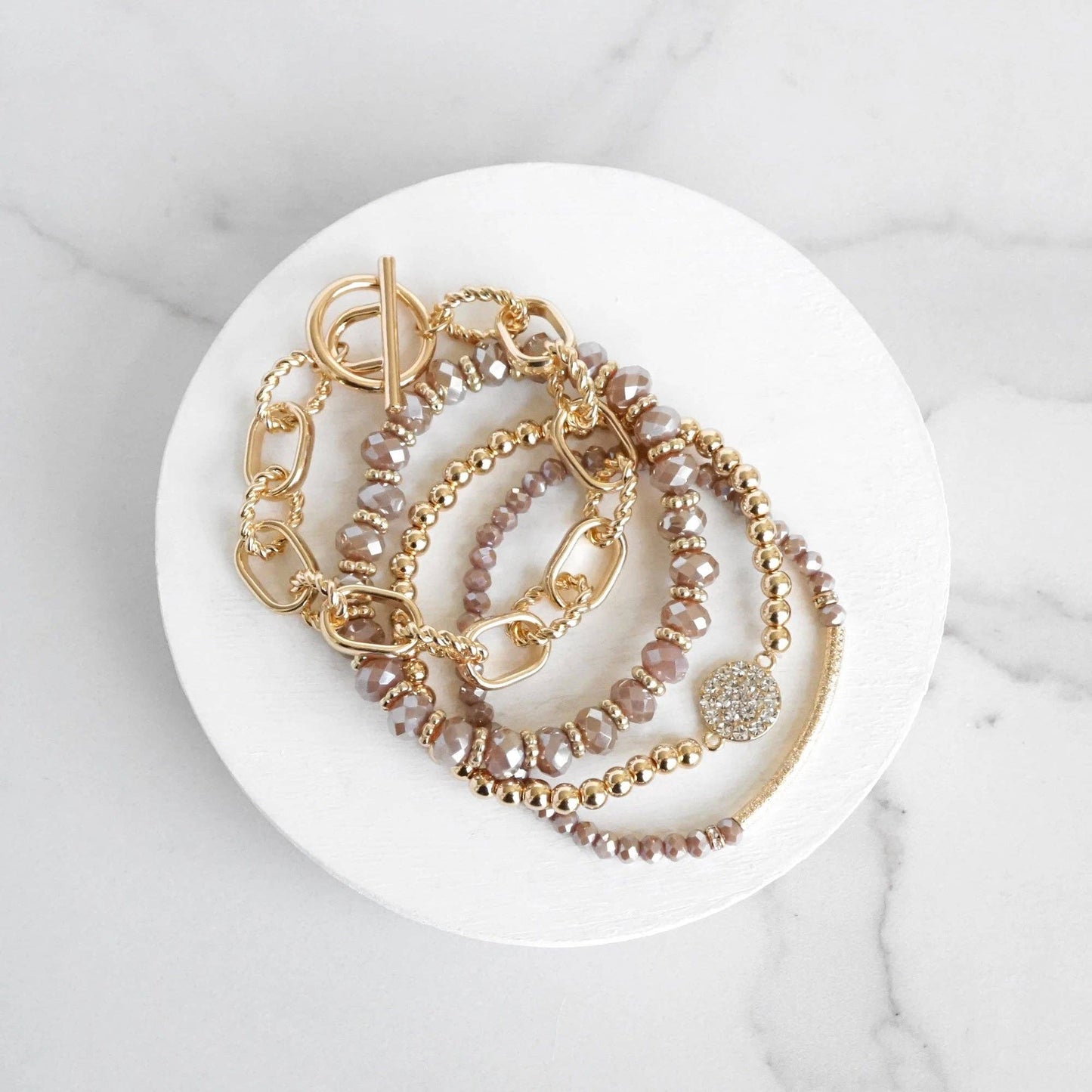 PennyLine inc - Beaded Bracelets set of 4 Blush Pink Glass Beads with Gold crystal paved sparkly bracelet Metal bead Toggle