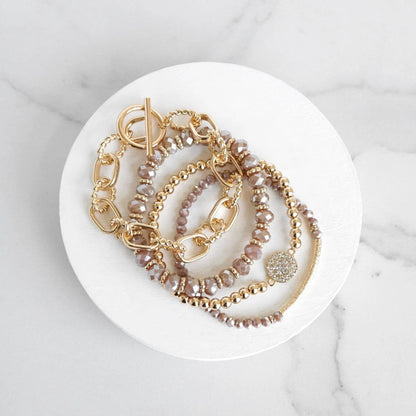 PennyLine inc - Beaded Bracelets set of 4 Blush Pink Glass Beads with Gold crystal paved sparkly bracelet Metal bead Toggle