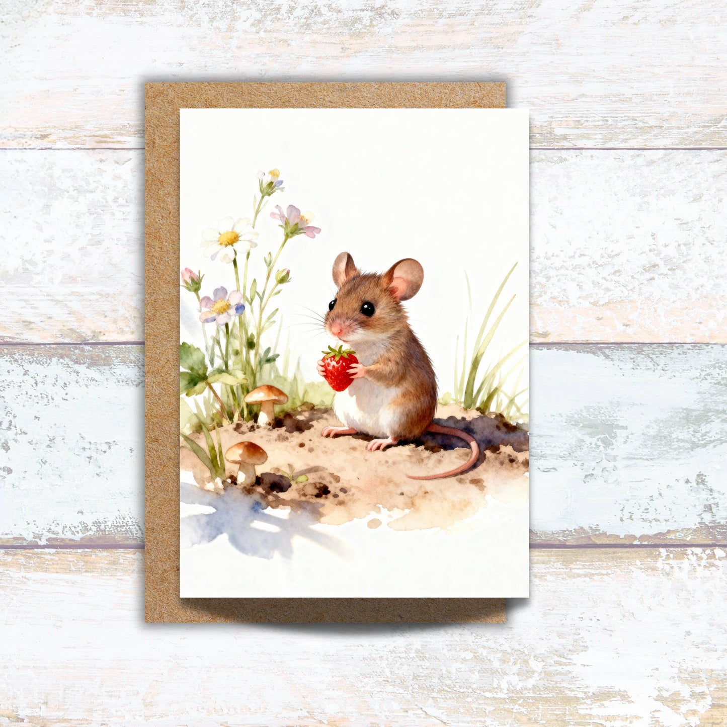 Woodland Mouse and Strawberry Watercolor Greeting Card