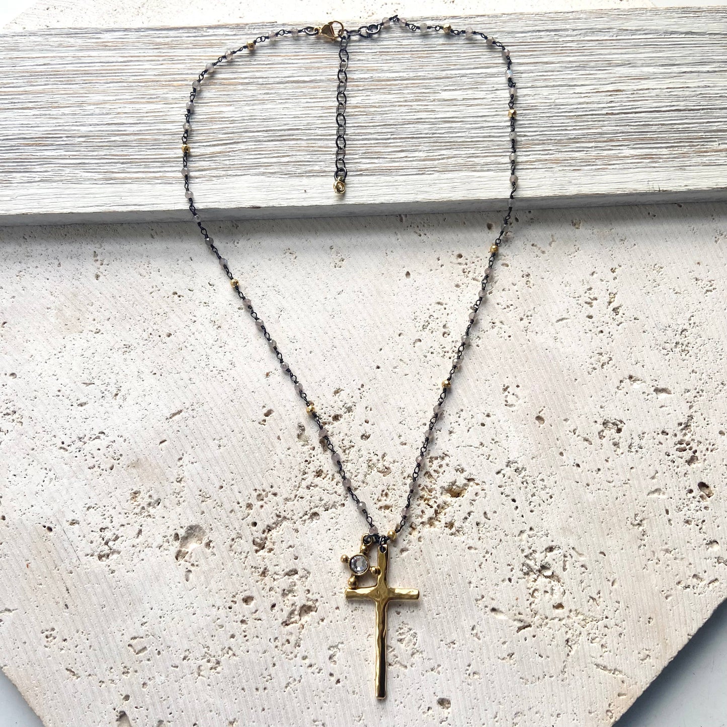Cross charm necklace pyrite semi precious jewelry