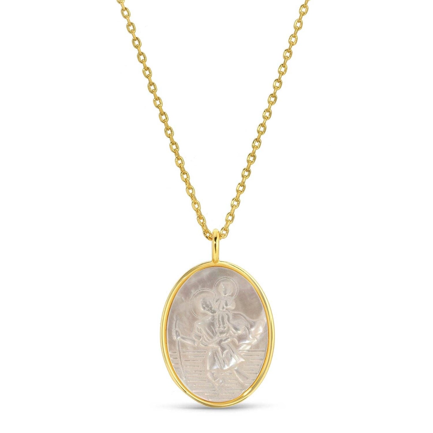 Saint Christopher Etched Shell Oval Pendant Necklace