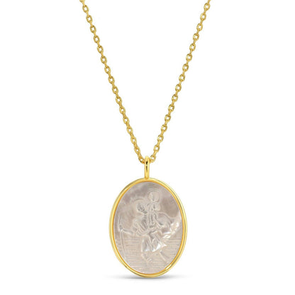 Saint Christopher Etched Shell Oval Pendant Necklace