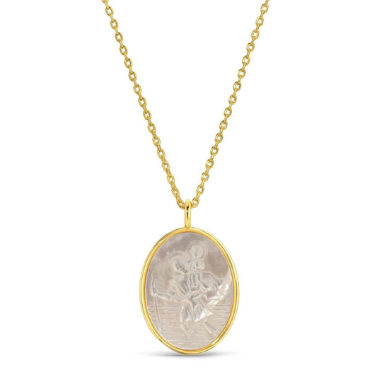 Saint Christopher Etched Shell Oval Pendant Necklace