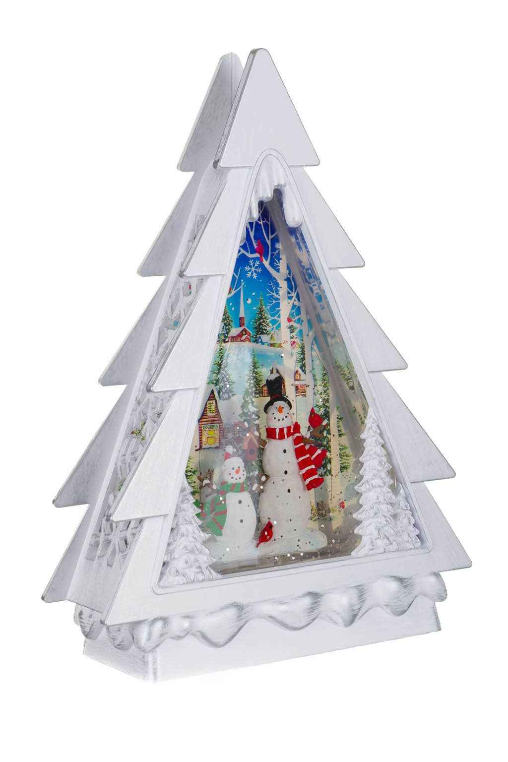 White Led Christmas Tree Snow Globe W/ Snowman'S Forest