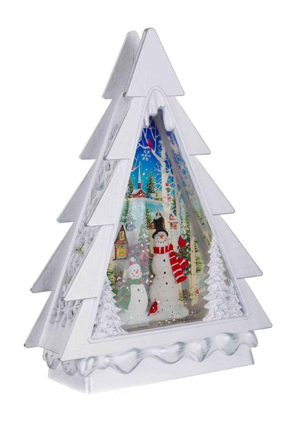 White Led Christmas Tree Snow Globe W/ Snowman'S Forest