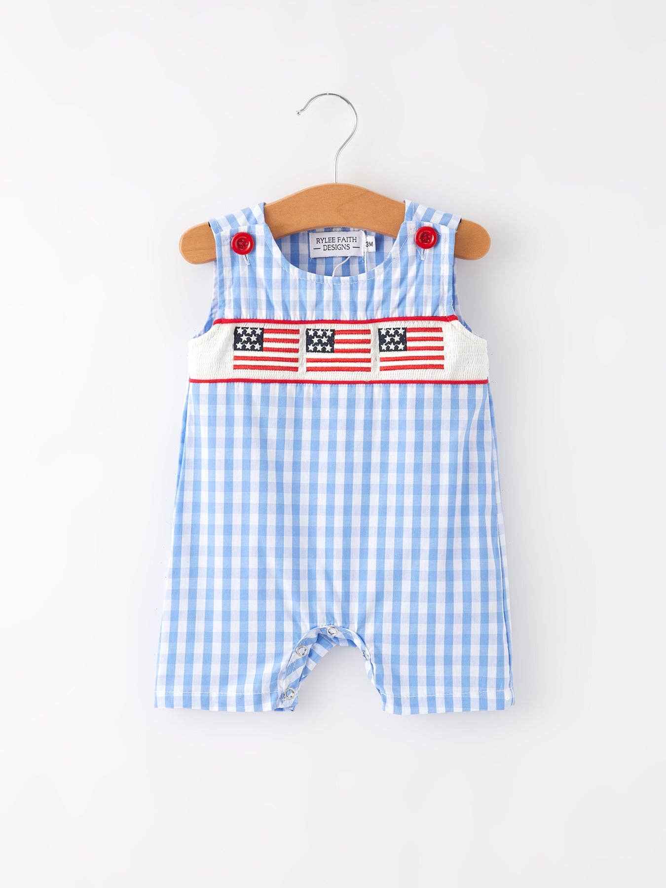 4th of july Flag Embroidery Smocking Boys Romper: 3M