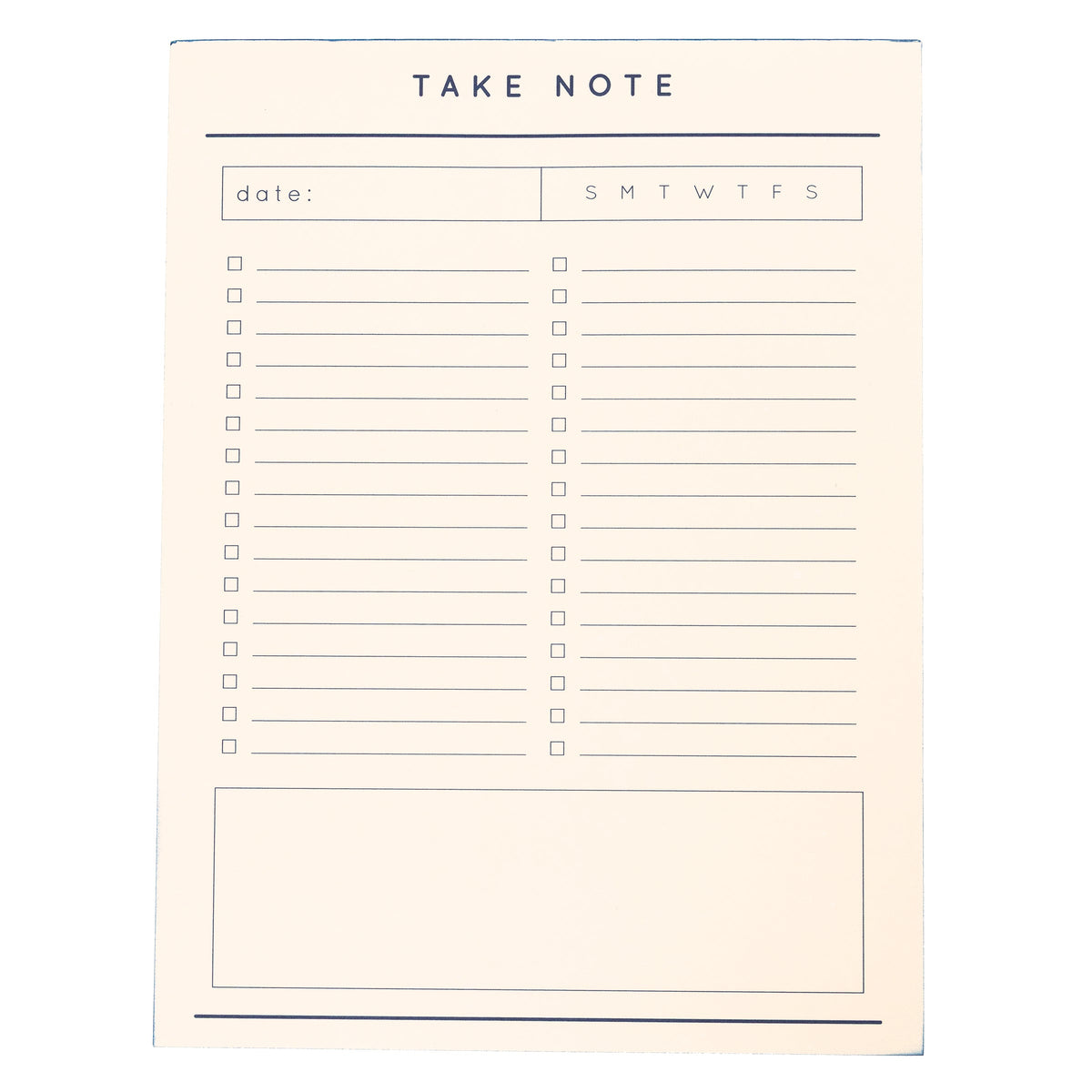 Modern Cobalt Large Notepad, A cream notepad printed 'Take Note' with a cobalt blue painted edge, a date and day checklist, and a boxed notes section.