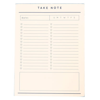 Modern Cobalt Large Notepad, A cream notepad printed 'Take Note' with a cobalt blue painted edge, a date and day checklist, and a boxed notes section.