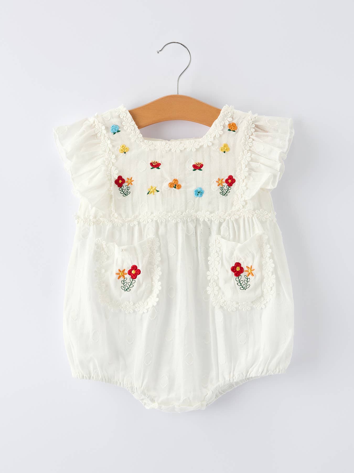 Floral Embroidery Baby Girl Romper With Ruffle Sleeves