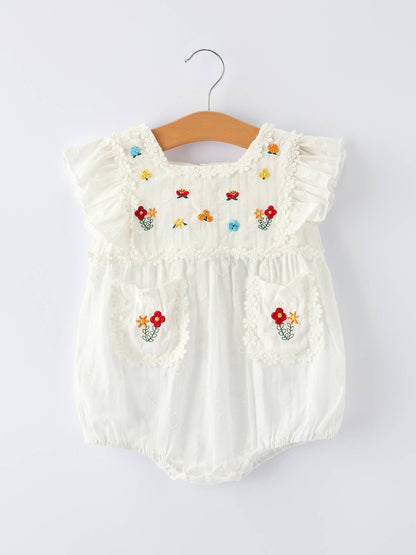 Floral Embroidery Baby Girl Romper With Ruffle Sleeves