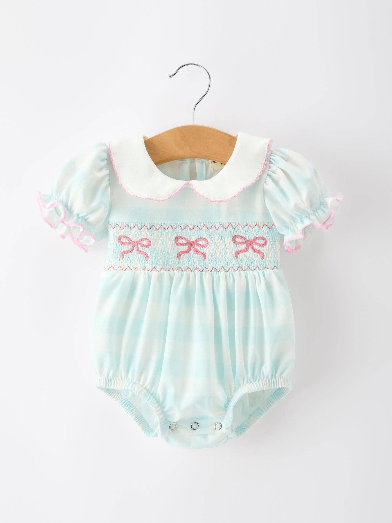 Plaid Bow Girls Romper Smocked Petals Collar Puff Sleeve