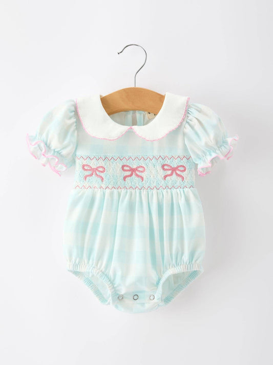 Plaid Bow Girls Romper Smocked Petals Collar Puff Sleeve