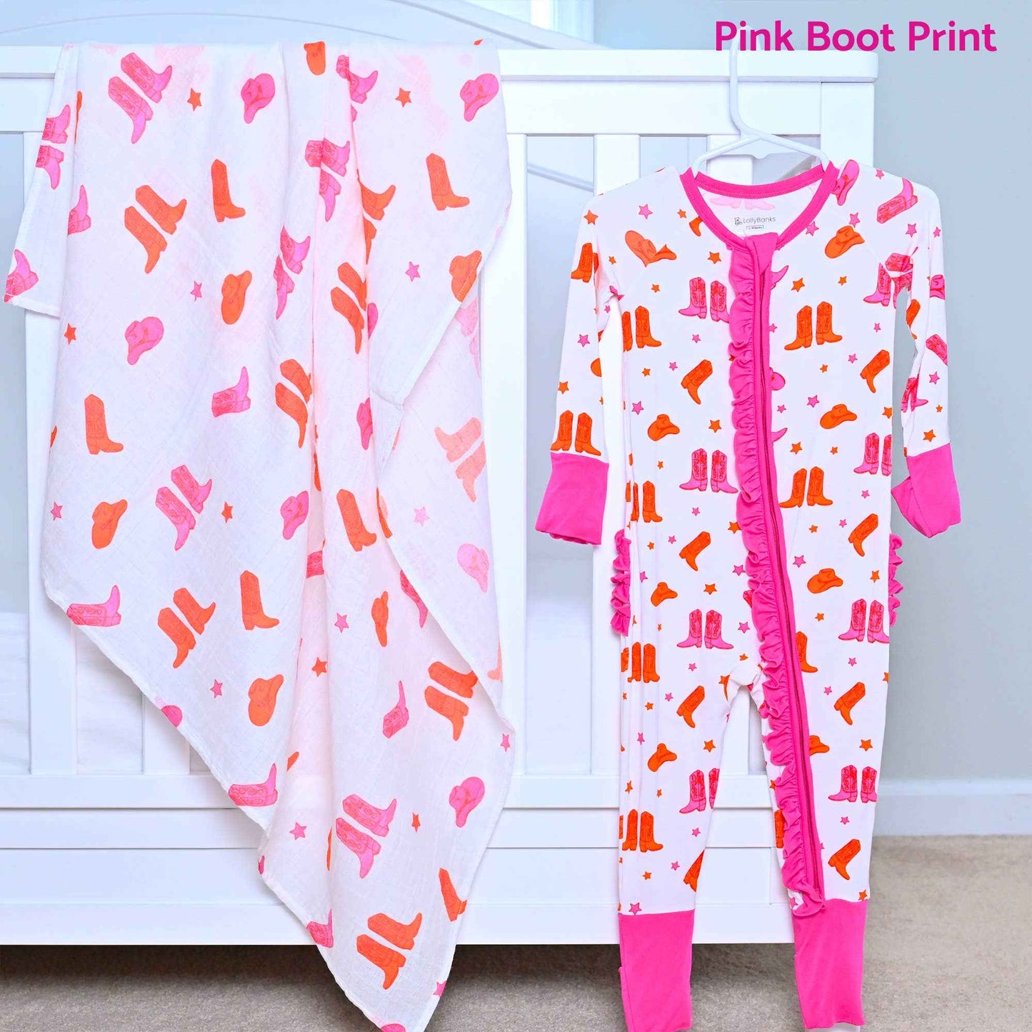LollyBanks - Bamboo Baby Convertible Ruffle Zipper Pajamas - Cowgirl Boot