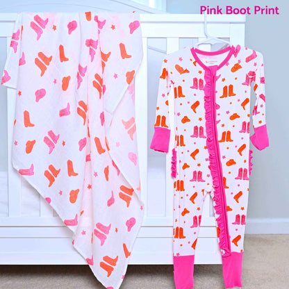 LollyBanks - Bamboo Baby Convertible Ruffle Zipper Pajamas - Cowgirl Boot