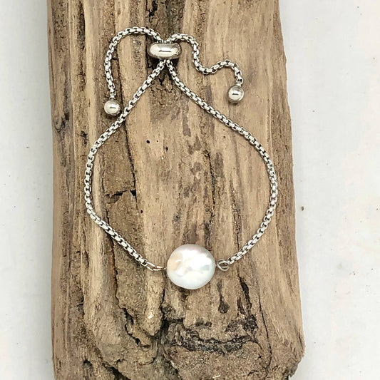 Bracelet Drawstring Coin Pearl Silver (Stainless Steel)