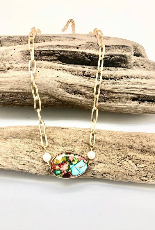 Necklace Matte Paper Clip Chainw/Jasper w/FreshwaterPearl18”