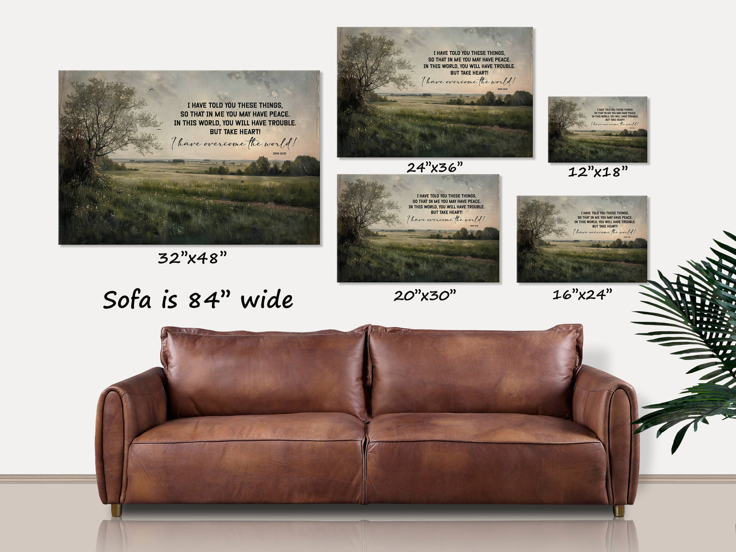 Casa de campo Olive Branch - Ánimo, Juan 16:33, Lienzo cristiano con paisaje bíblico.