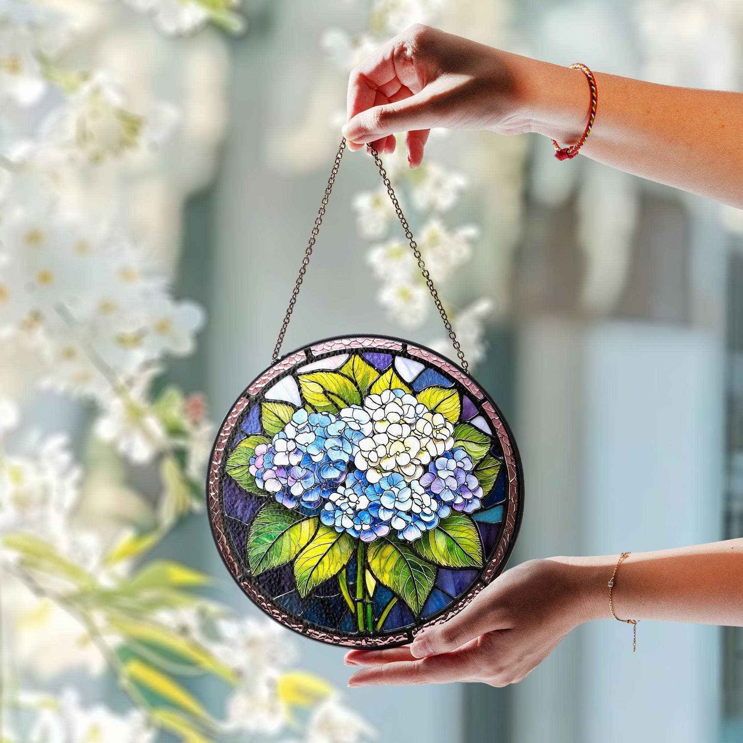 Blue Hydrangea Stained Glass Suncatcher, Plant Garden Gift