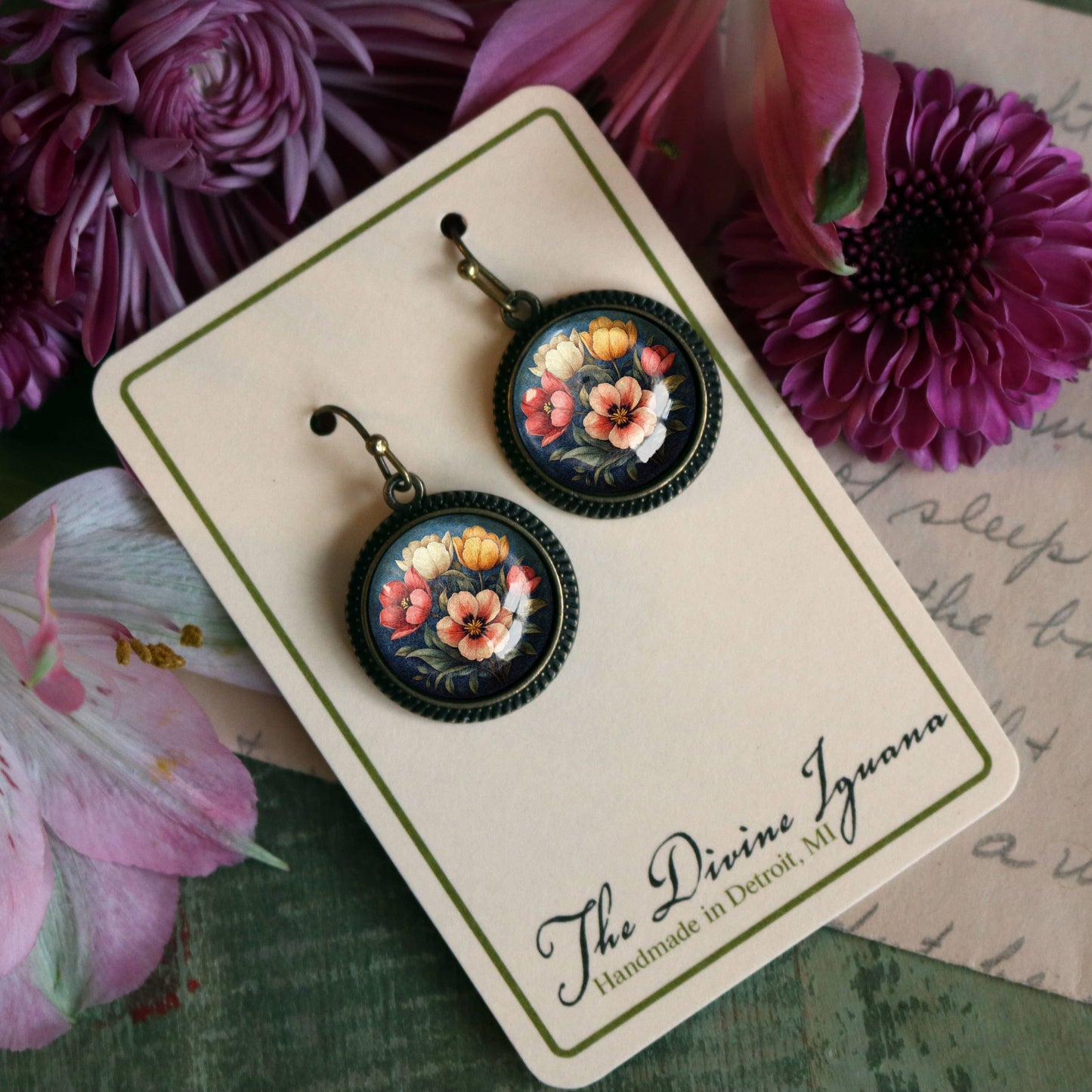 Moody Tulip Spring Glass Cabochon and Bronze Earrings