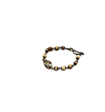 Bracelet Vintage  PictureJasper(8mm)w/Bevelled Cross 7”w/2”