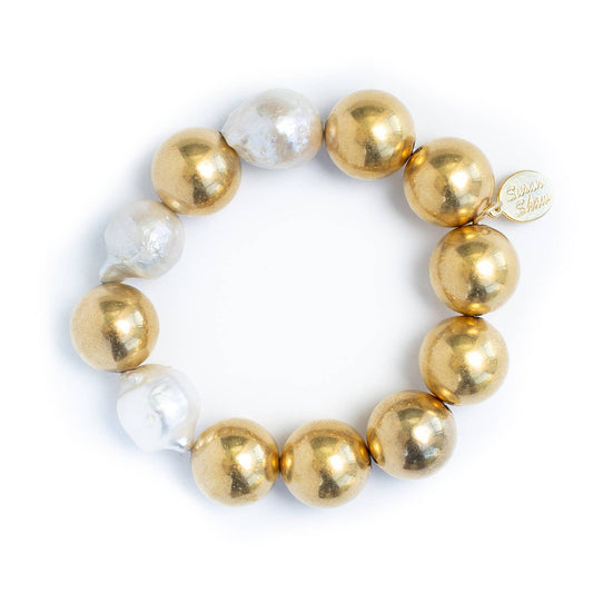 Susan Shaw - Gold Plated Ball & Baroque Pearl Stretch Bracelet