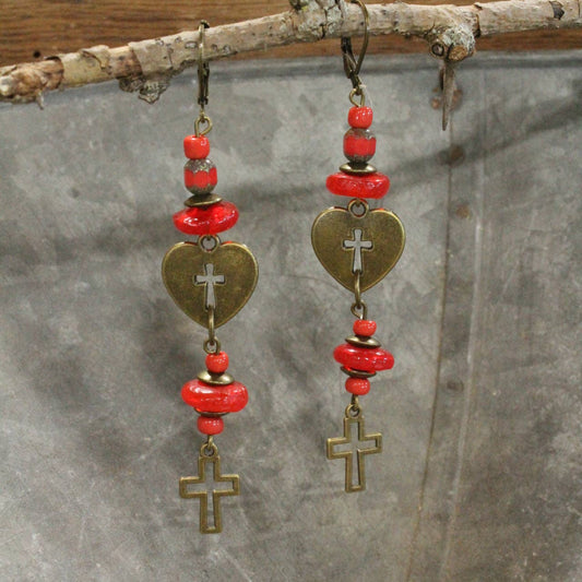 Falling Bronze Heart & Cross Dangle Earrings