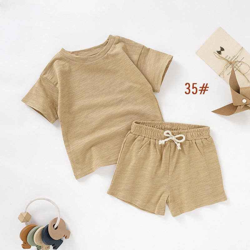 Kids Organic Cotton Short Sleeve Set Cute Casual Style: 35# Camel / 18-24M