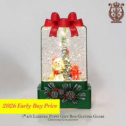 7" Lighted Puppy Gift Box Glitter Snow Globe, Musical