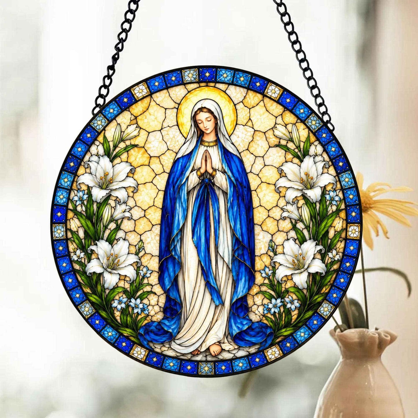Virgin Mary Stained Glass Suncatcher, Christian Window Decor