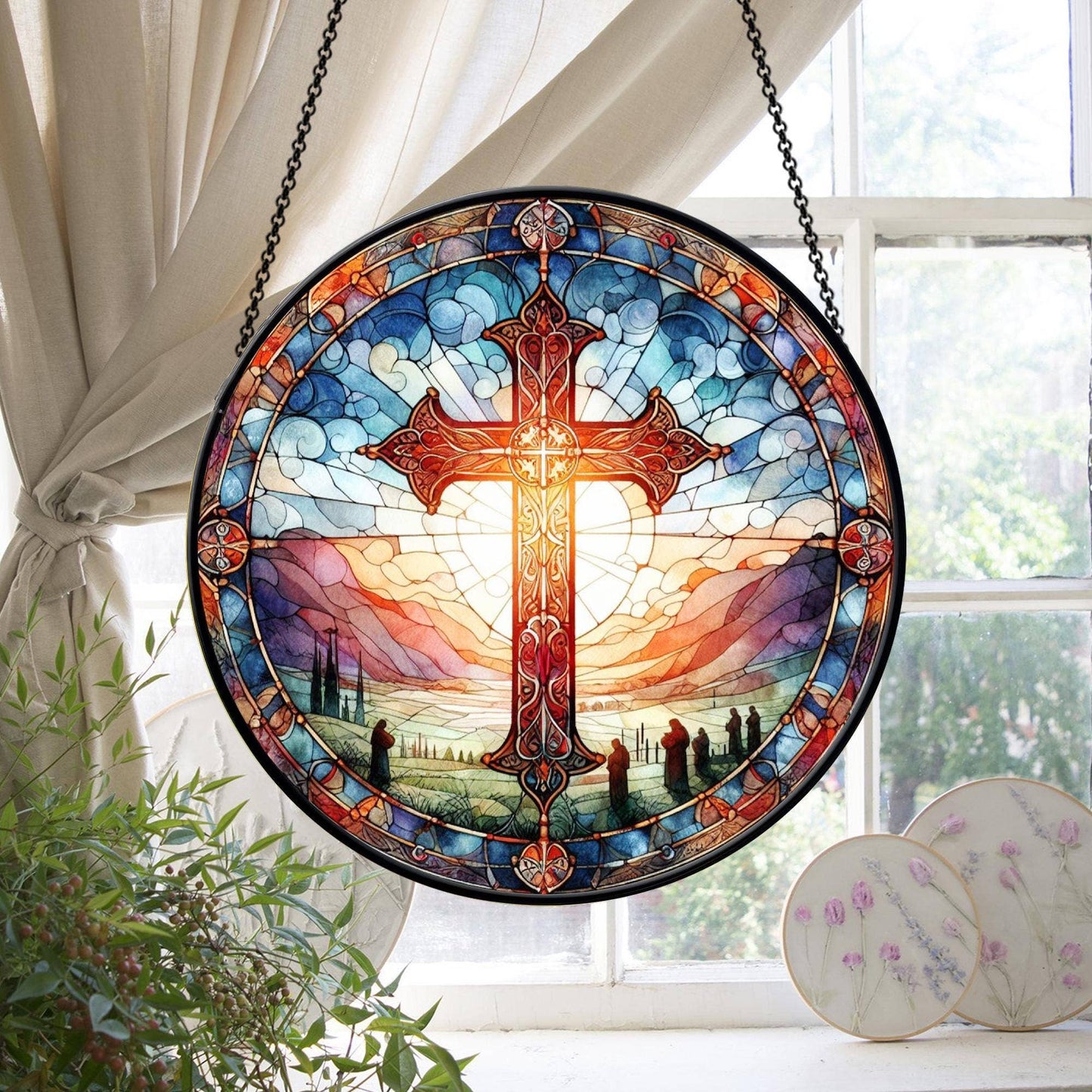Stained Glass Cross And Wildflowers Suncatcher, Flower Cross