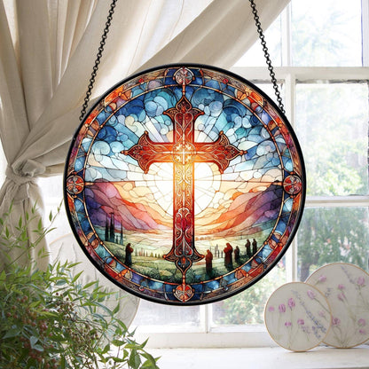 Stained Glass Cross And Wildflowers Suncatcher, Flower Cross