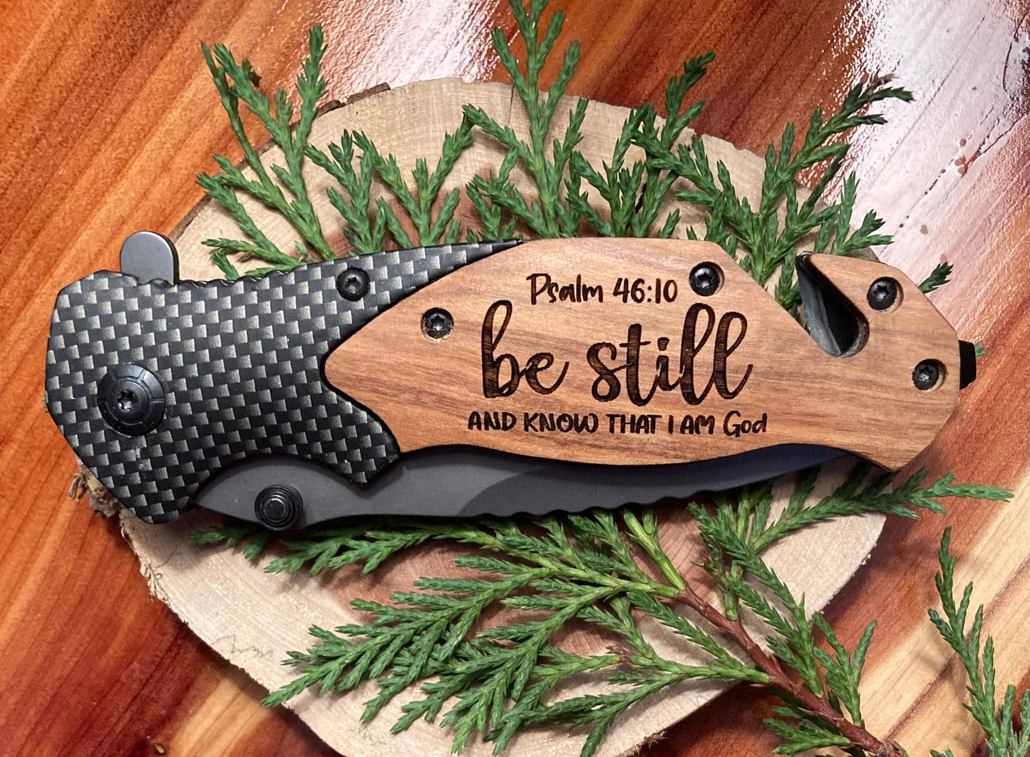 Quail Tail Laser Art - Be Still and Know Knife