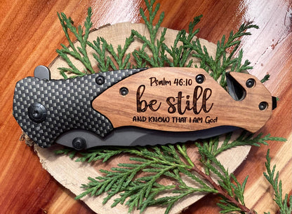 Quail Tail Laser Art - Be Still and Know Knife
