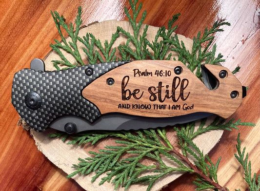 Quail Tail Laser Art - Be Still and Know Knife