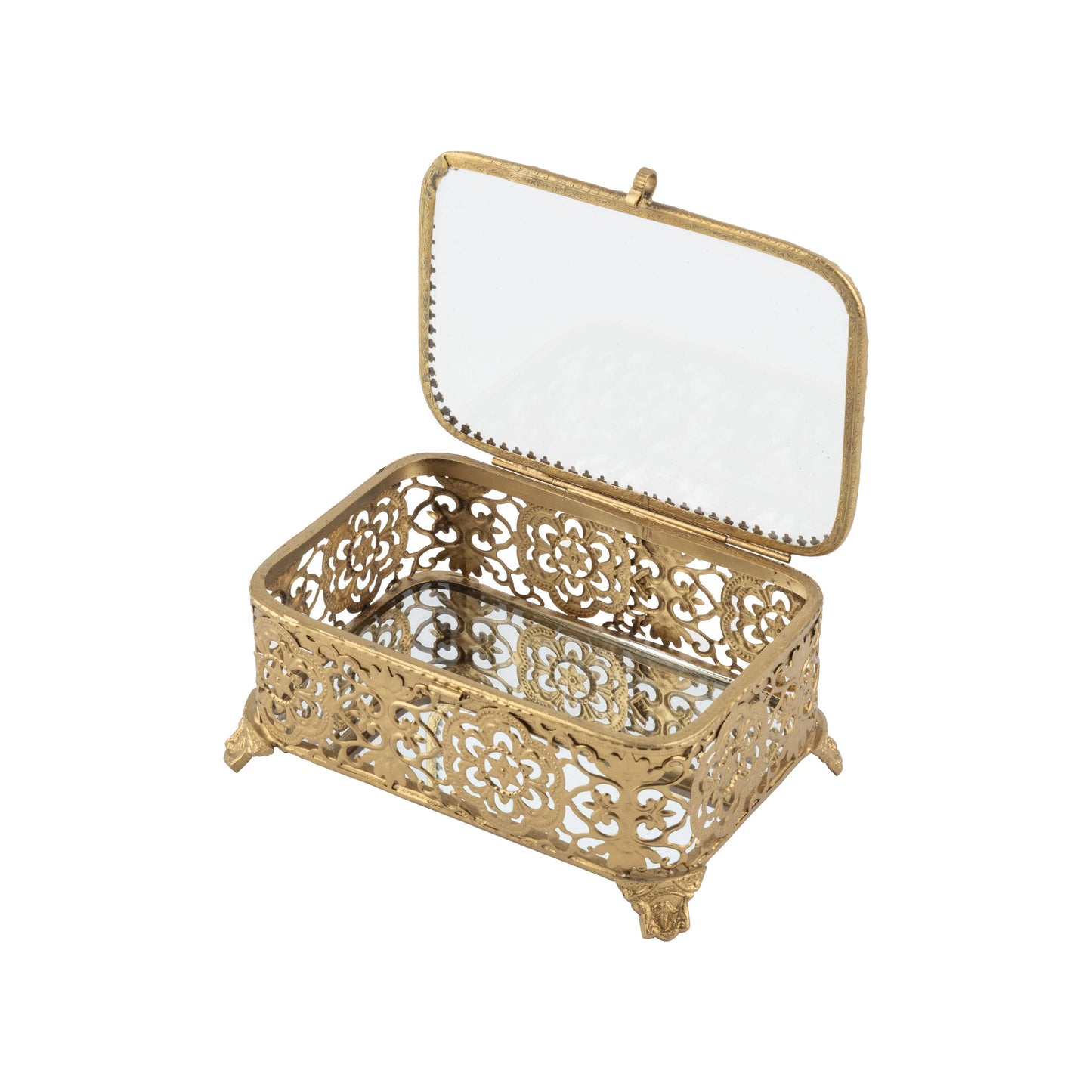 Rectangular Filigree Metal Box/Mirrored Base/Glass Top-6.5in