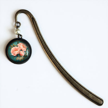Marcador de peonía rosa de bronce y cabujón de vidrio con perla