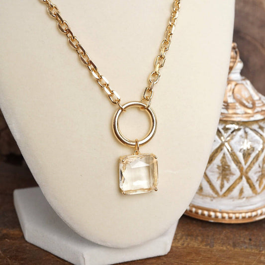 PennyLine inc - Clear Square Crystal Pendant Chain Necklace in Gold Tone