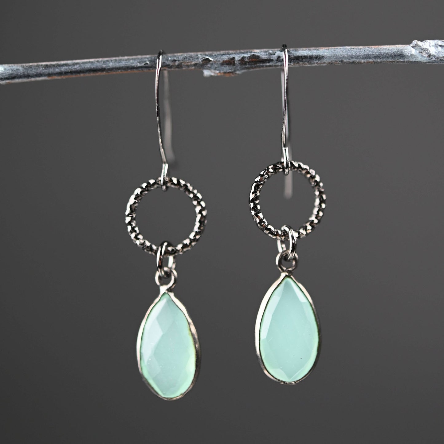 Gunmetal Small Circle Earrings with Stone Drop Earrings