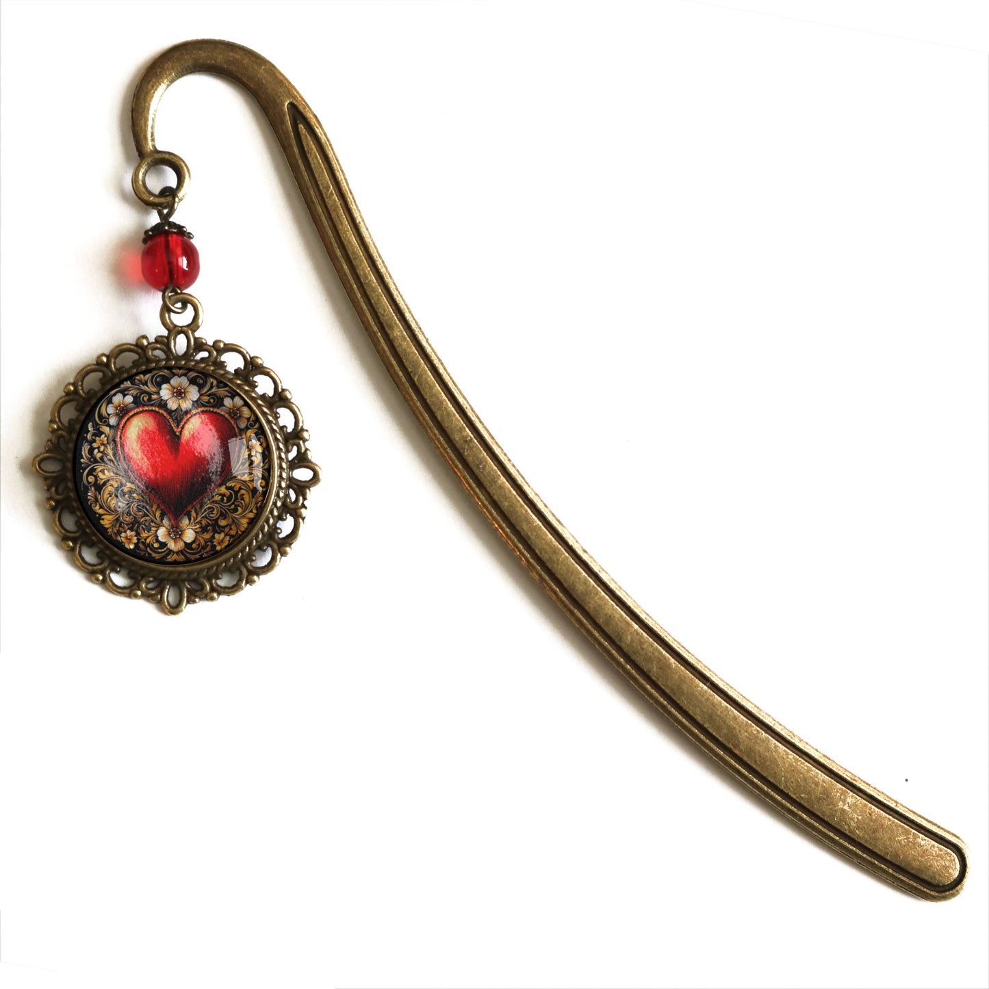 Ornate Heart Bronze and Glass Bookmark