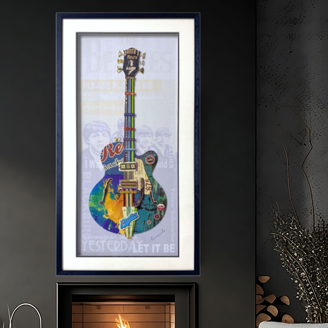 3D Collage Art | Beetles Guitar Blue (40"x20")