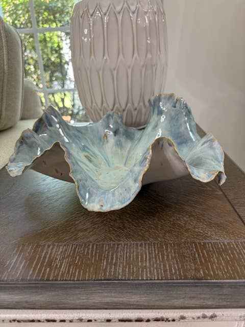 Sculptural Ceramic Ruffled Centerpiece – Oceanic Blue