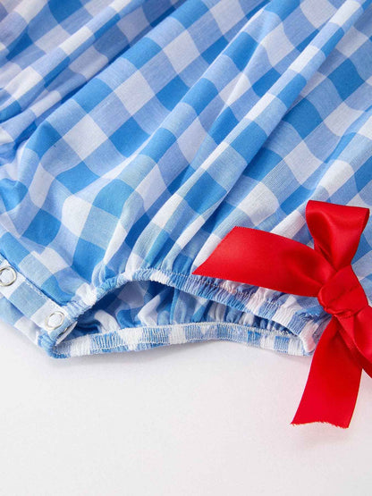 Girls 4th of July Plaid Romper Bow Embroidery Petals Collar: 3M