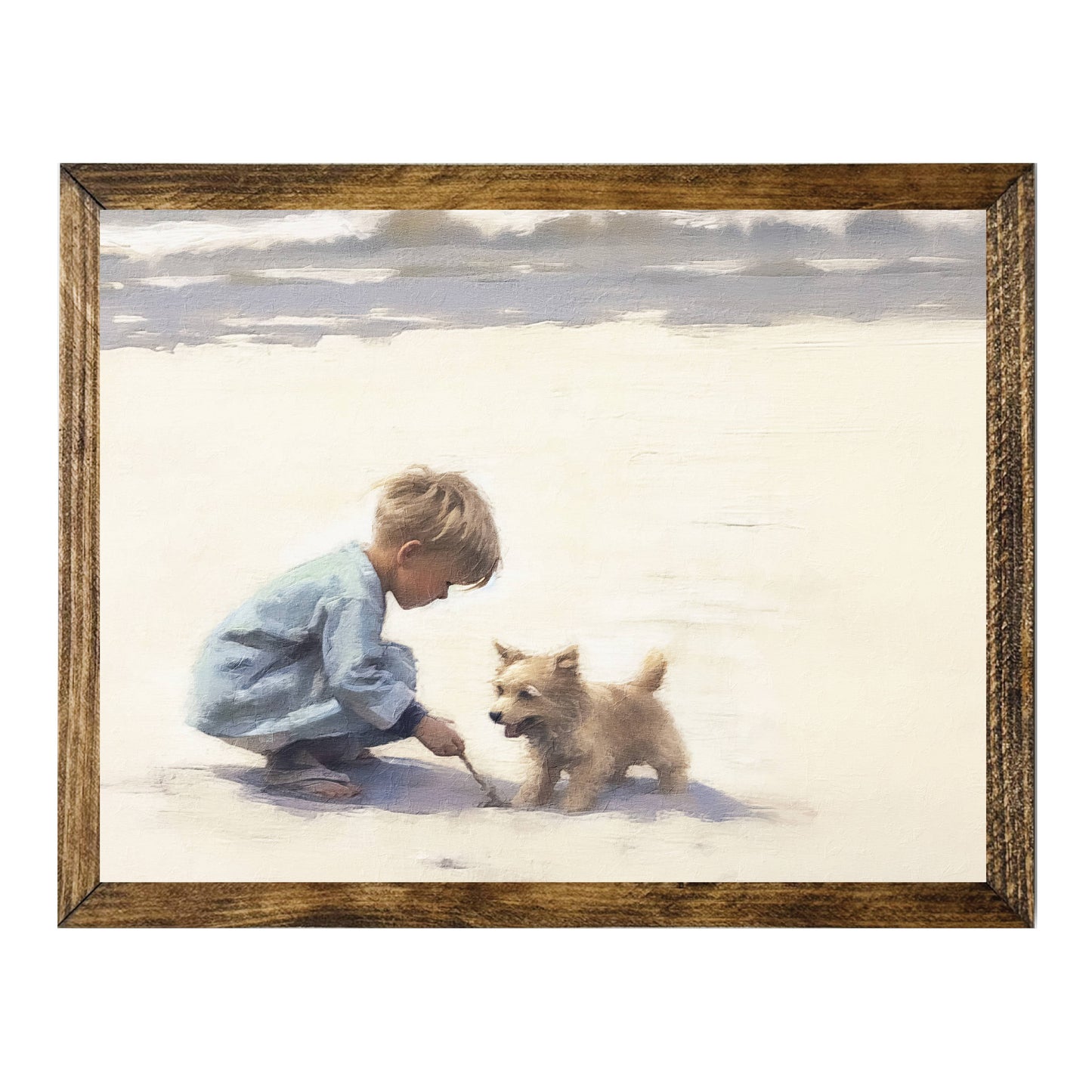 LITTLE BOY PLAYING WITH PUPPY ON THE BEACH