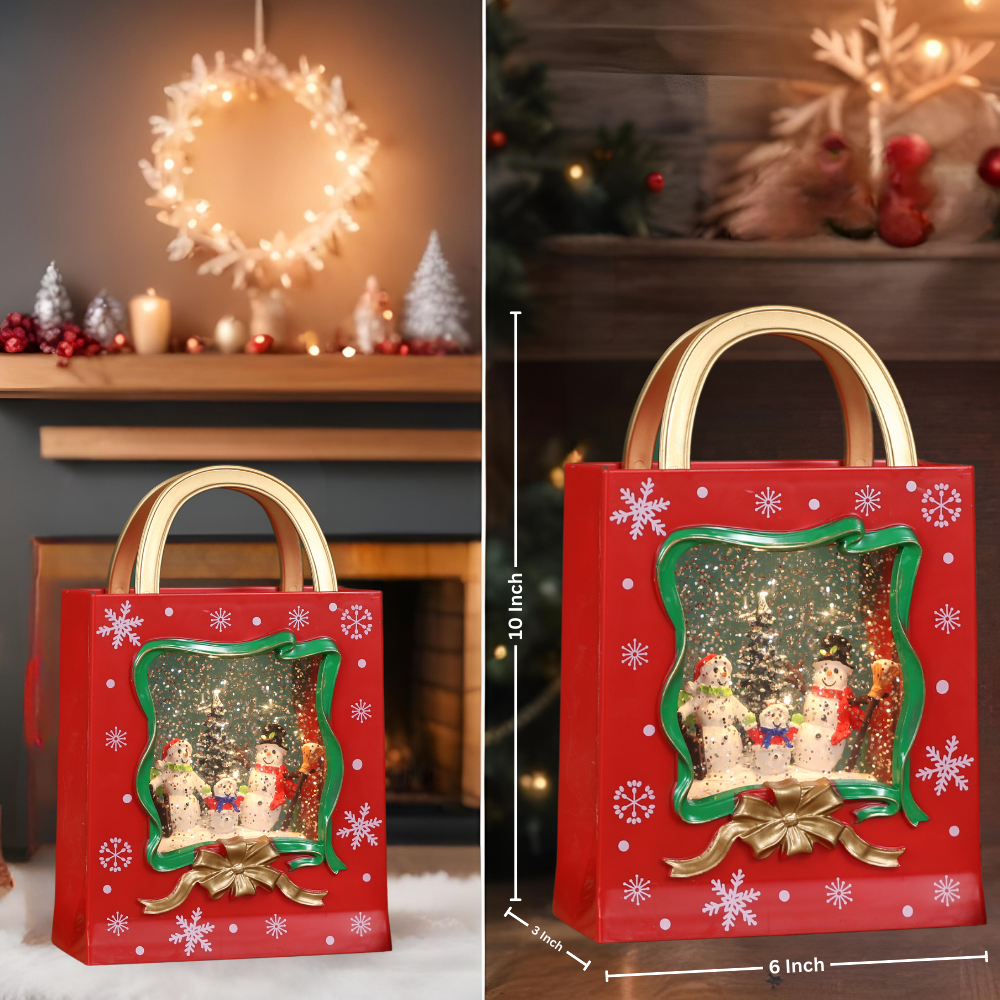 Christmas Musical Red Gift Bag Snow Globe Lantern with Snowman Family Scene for Christmas Decoration