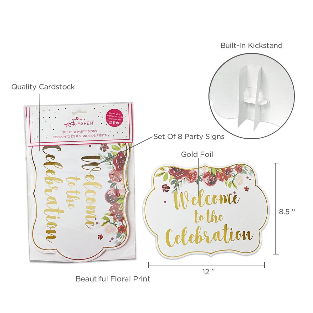 Burgundy Blush Floral Party Décor Sign Kit (Set of 8)