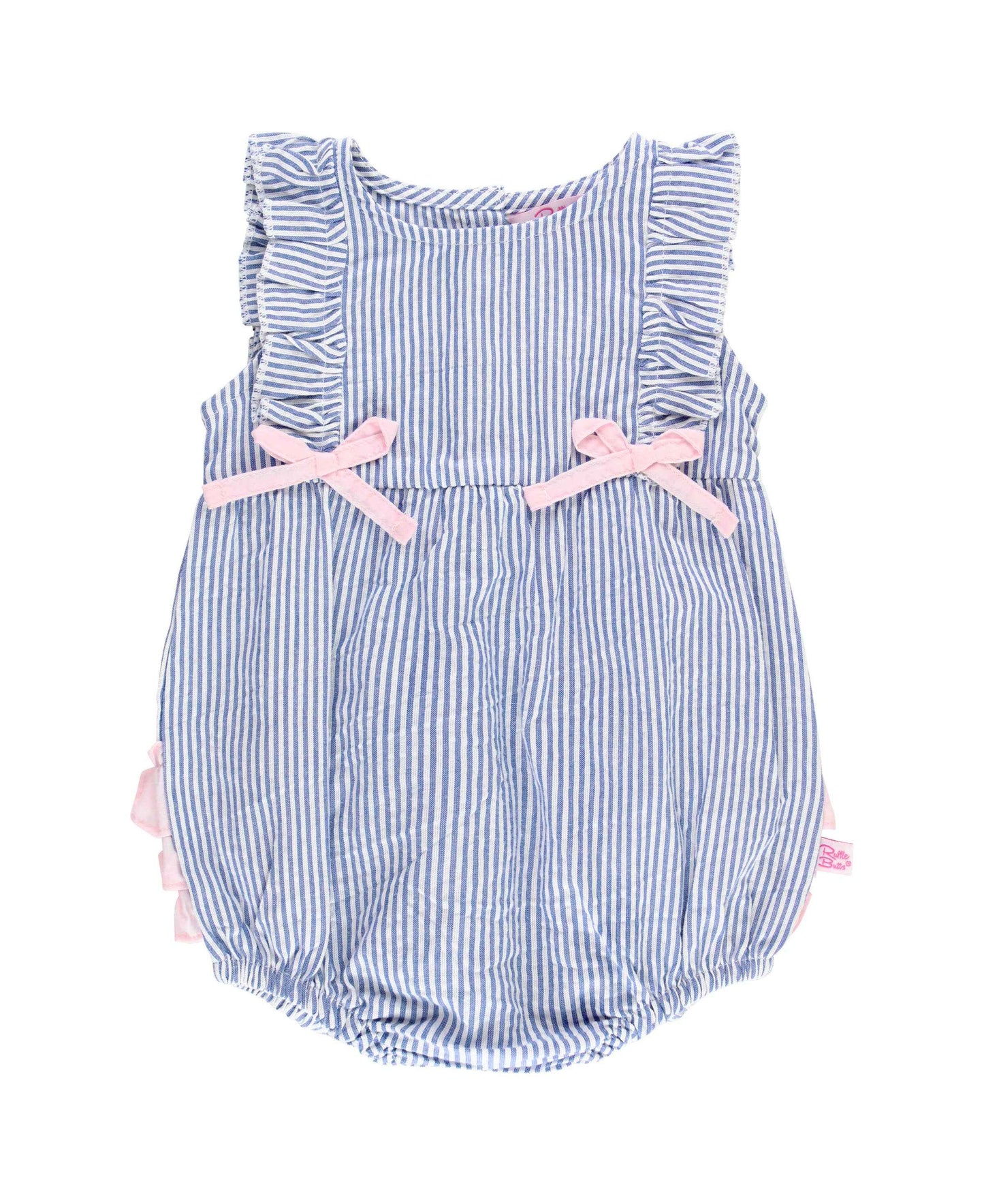 Baby Girls Blue Seersucker Classic Ruffle Bubble Romper: Blue / 0-3m