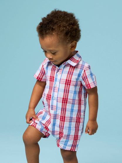 Baby Boys Lincoln Plaid Short Sleeve Woven Button-Up Romper: Multi-Color / 0-3m