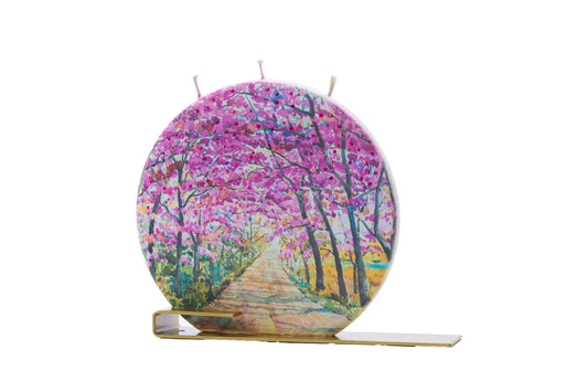 Flat Handmade Candle-Round Pink Tree Blossoms Walkway