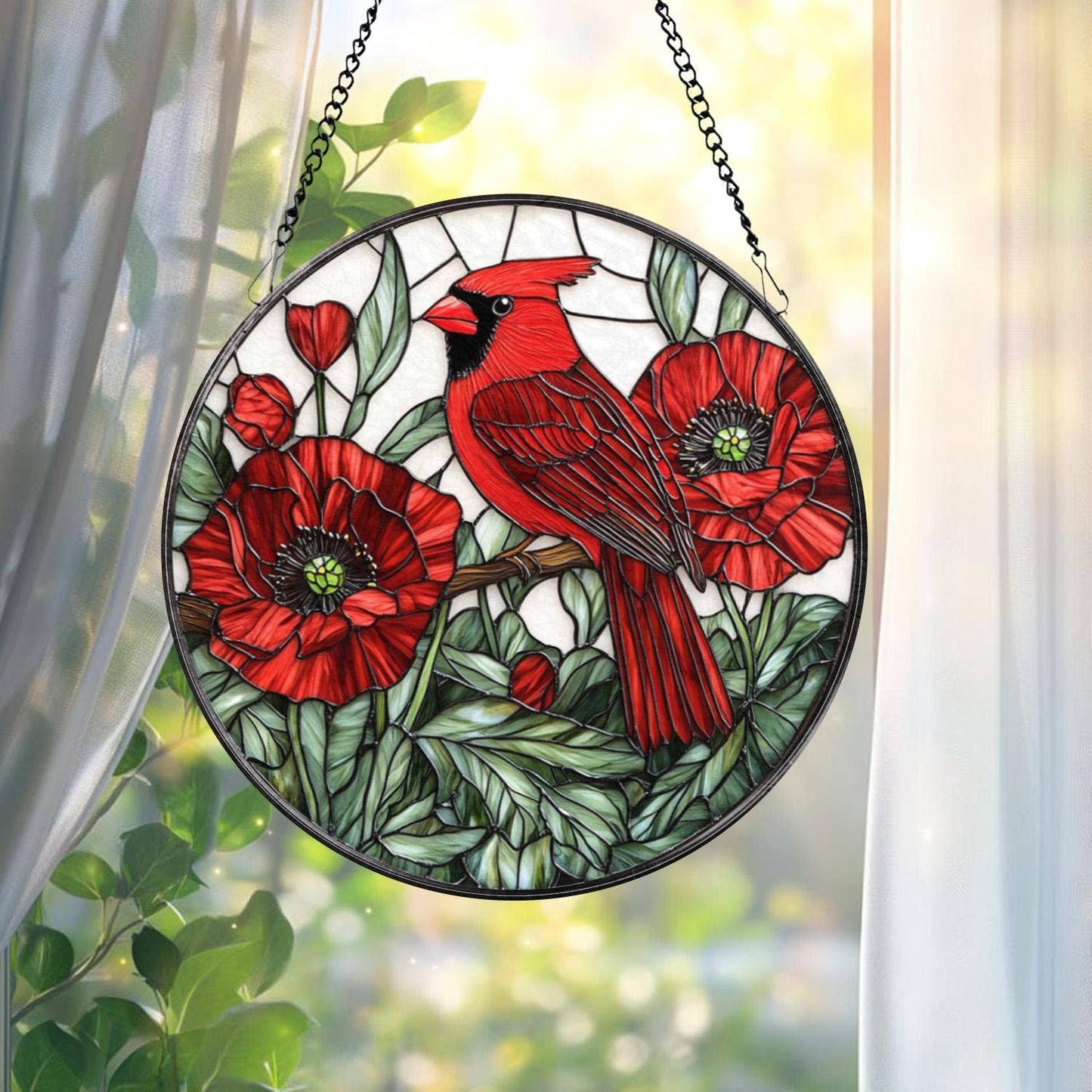 Cardinal and Red Poppy Suncatcher, Floral Ornament