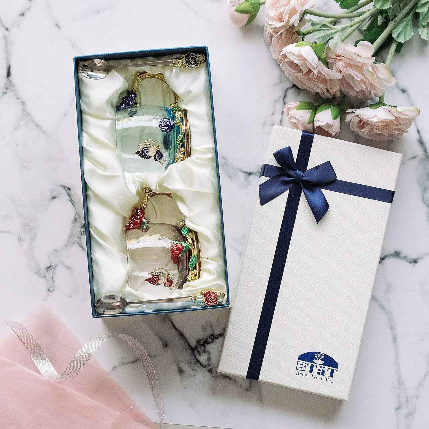 Floral Glass Tea Cups – Set of 2